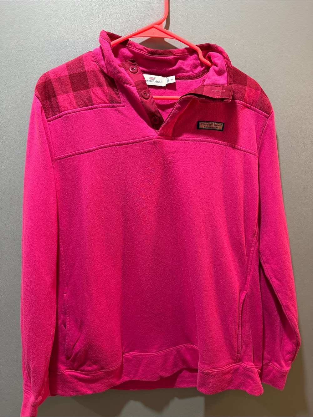 Vineyard Vines Pink Pullover Button up with Plaid Shoulder